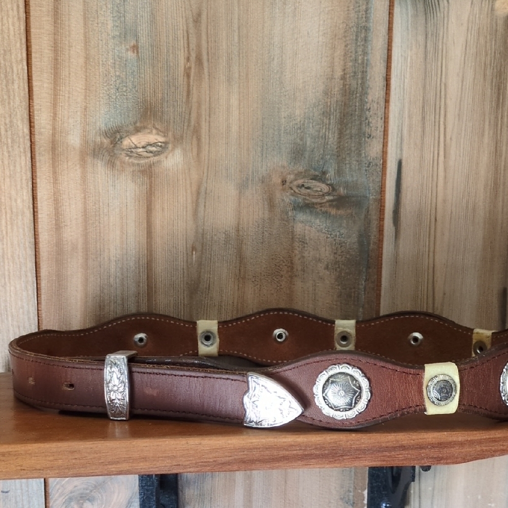 Vintage Brown Leather Belt with Silver Medallions and Buckle Loop